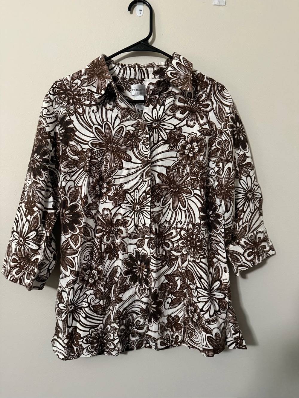 Chico's 100% Linen Brown Floral Button Front Women's Top 3/4 Sleeve Size 1